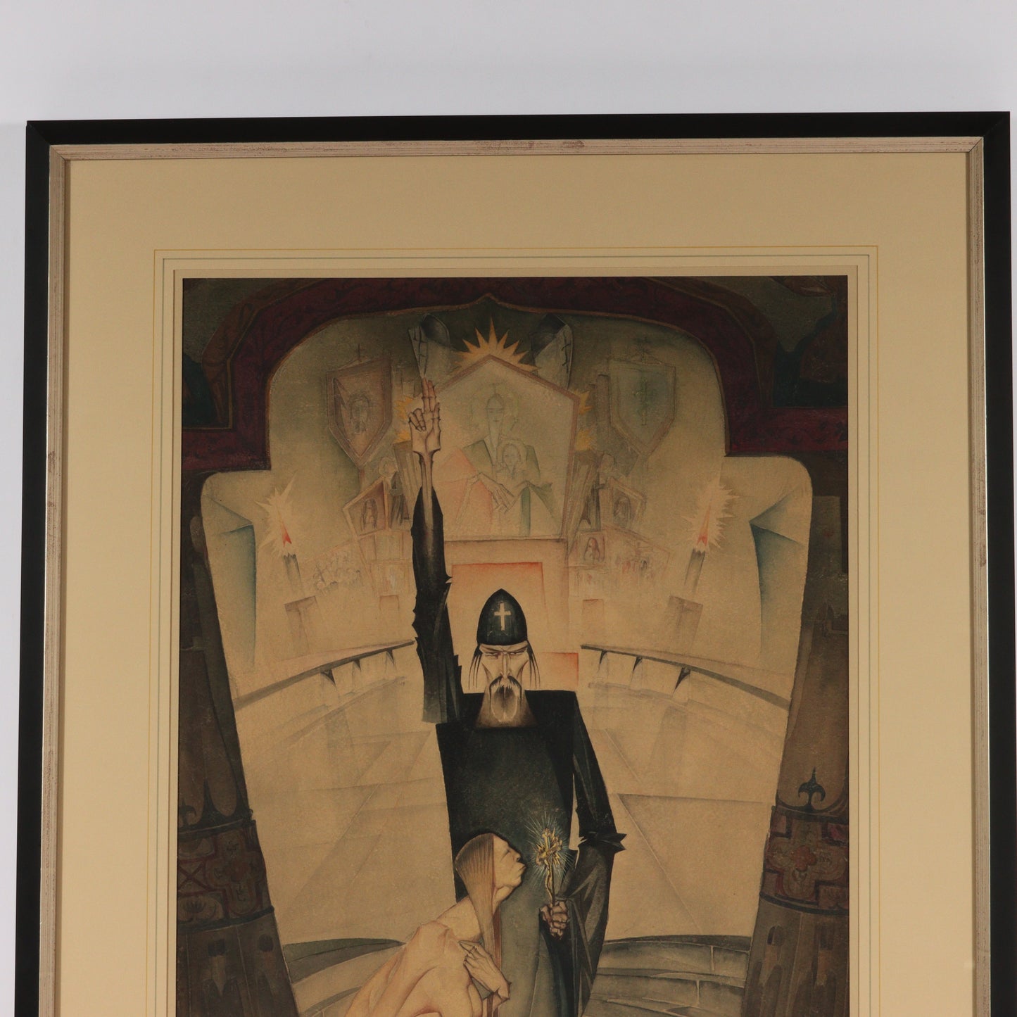 Paul Muller, New York / Russian Federation (1895-1970), Priest with Pregnant Woman, 1927, watercolor on paper, 25"H x 17"W (sight), 33 1/4"H x 25 1/2"W (frame)