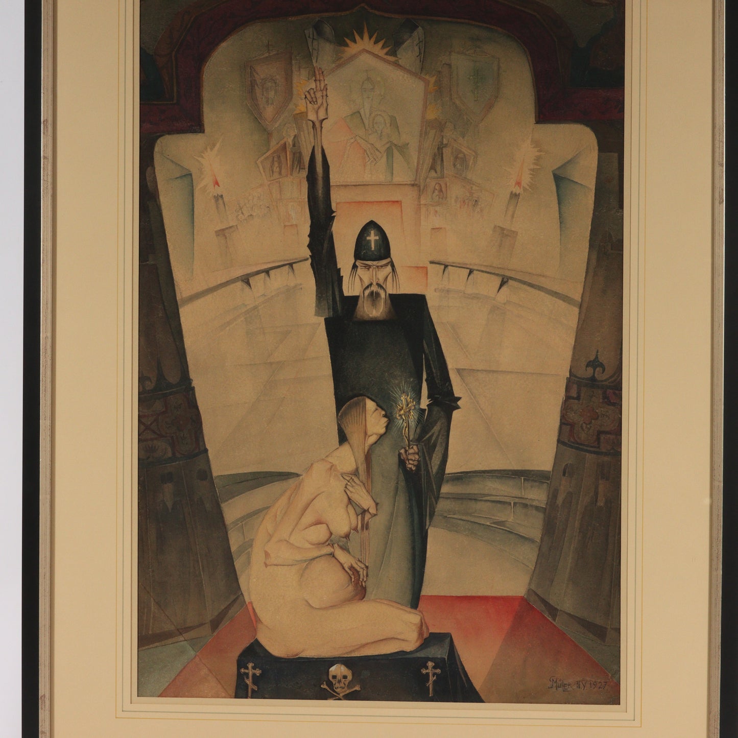 Paul Muller, New York / Russian Federation (1895-1970), Priest with Pregnant Woman, 1927, watercolor on paper, 25"H x 17"W (sight), 33 1/4"H x 25 1/2"W (frame)