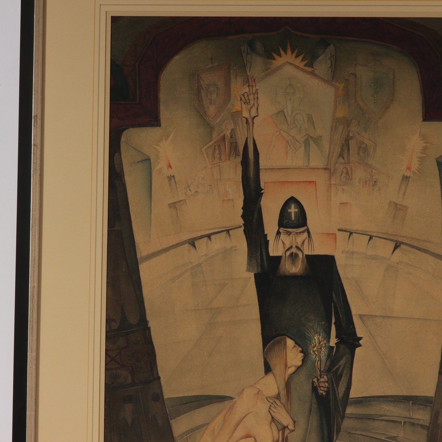Paul Muller, New York / Russian Federation (1895-1970), Priest with Pregnant Woman, 1927, watercolor on paper, 25"H x 17"W (sight), 33 1/4"H x 25 1/2"W (frame)