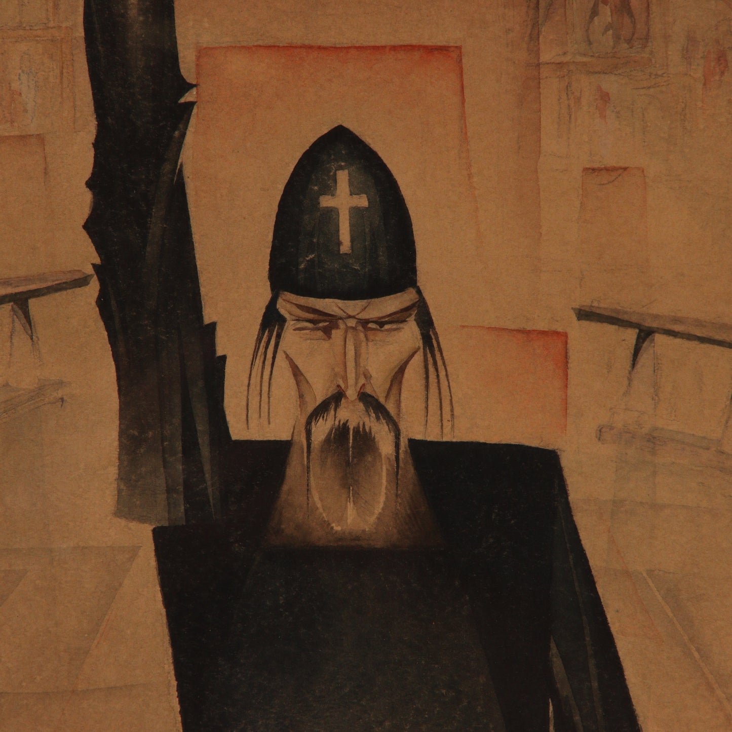 Paul Muller, New York / Russian Federation (1895-1970), Priest with Pregnant Woman, 1927, watercolor on paper, 25"H x 17"W (sight), 33 1/4"H x 25 1/2"W (frame)