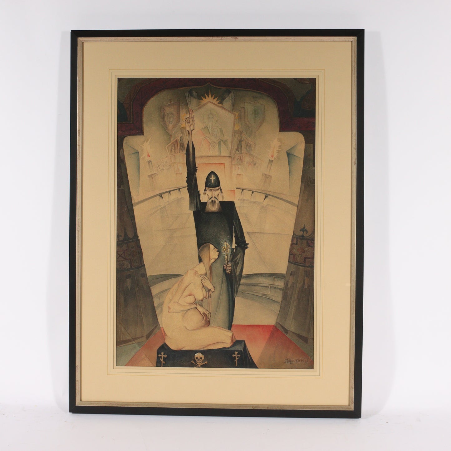 Paul Muller, New York / Russian Federation (1895-1970), Priest with Pregnant Woman, 1927, watercolor on paper, 25"H x 17"W (sight), 33 1/4"H x 25 1/2"W (frame)