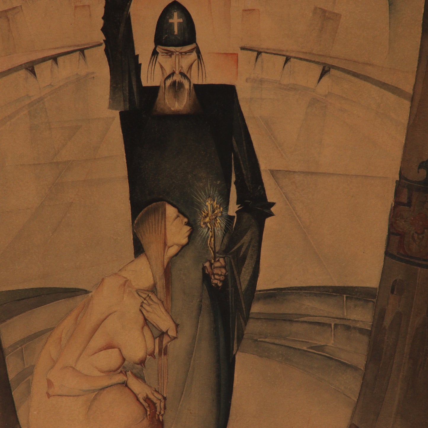 Paul Muller, New York / Russian Federation (1895-1970), Priest with Pregnant Woman, 1927, watercolor on paper, 25"H x 17"W (sight), 33 1/4"H x 25 1/2"W (frame)