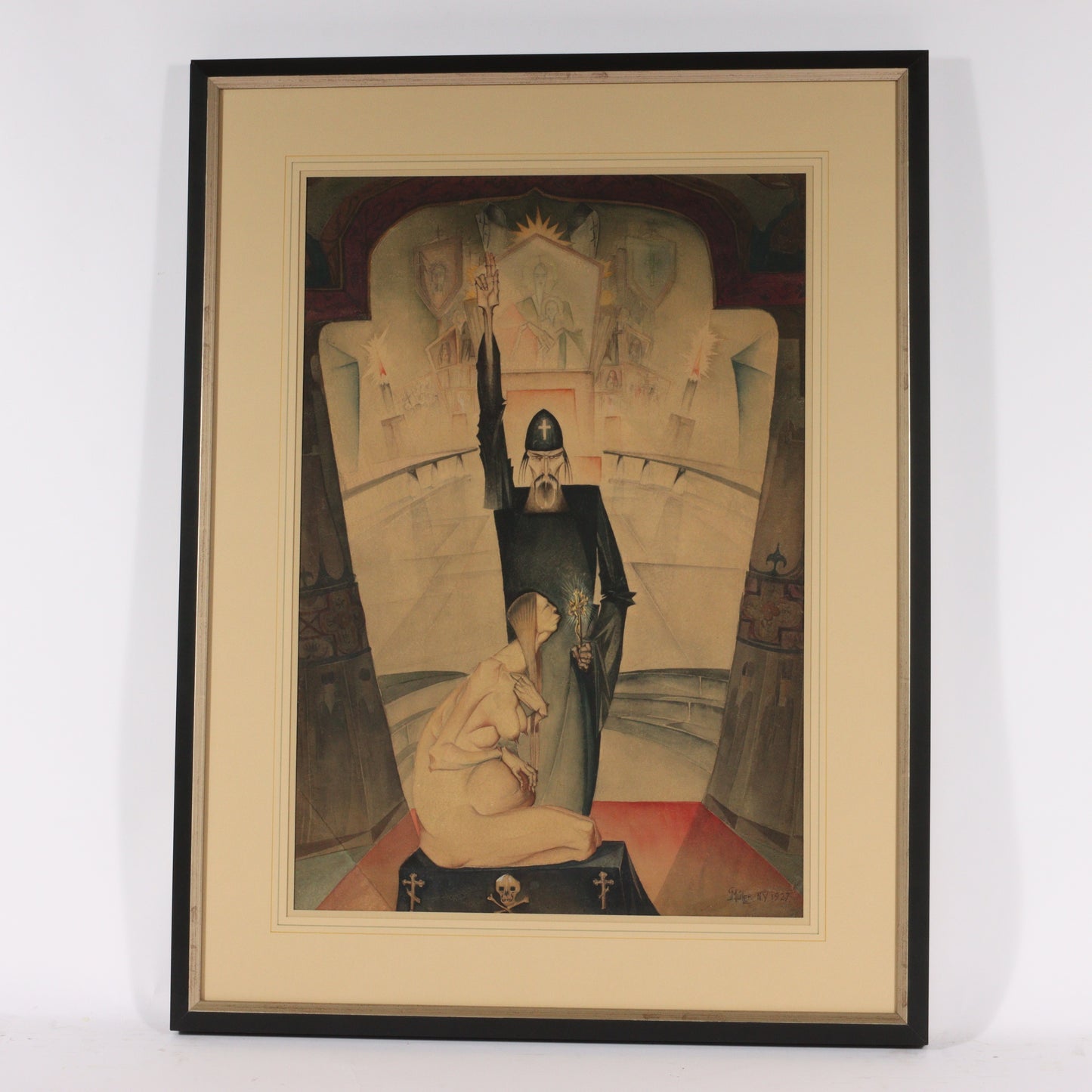 Paul Muller, New York / Russian Federation (1895-1970), Priest with Pregnant Woman, 1927, watercolor on paper, 25"H x 17"W (sight), 33 1/4"H x 25 1/2"W (frame)