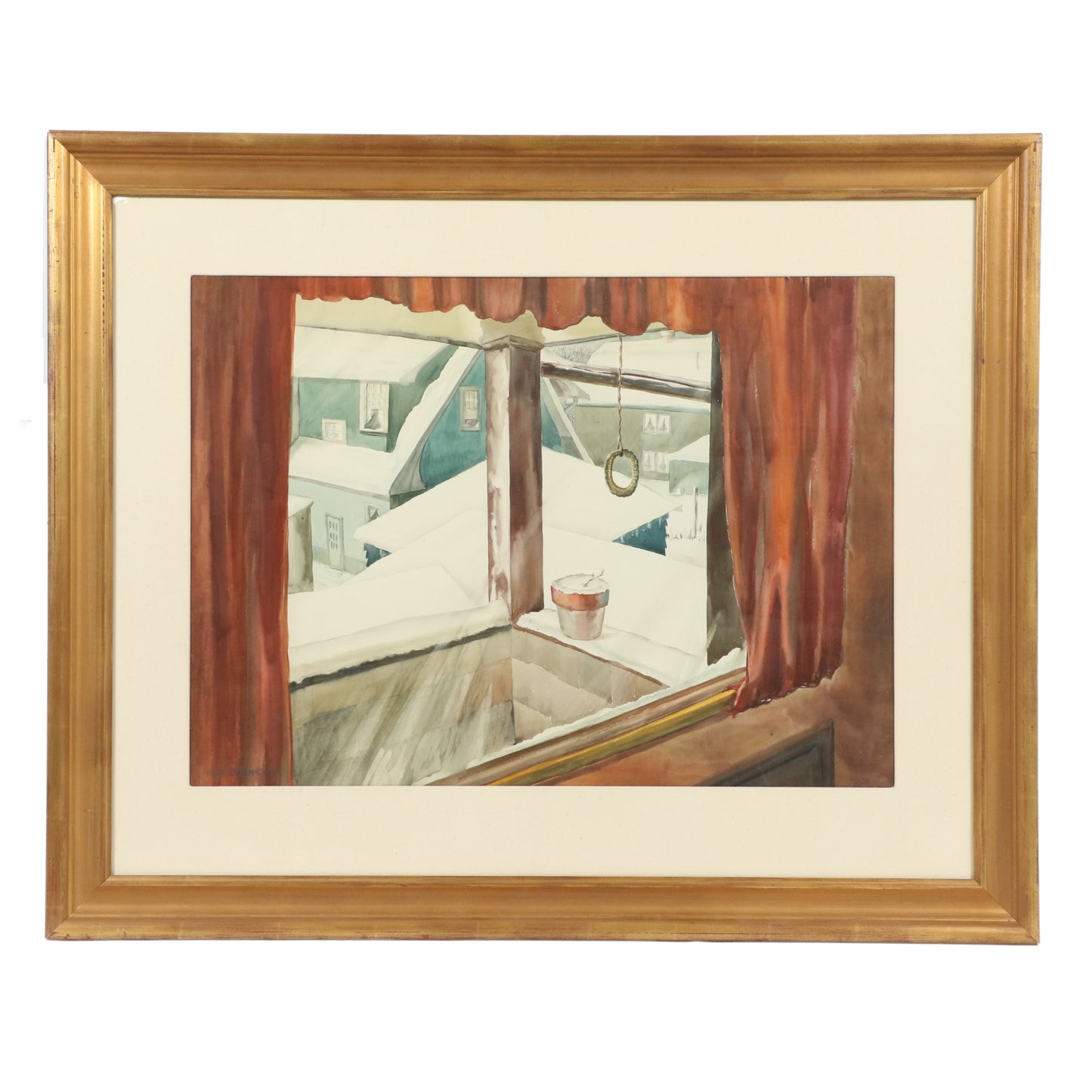 Kae Dorn Cass, Ohio (1901 - 1971), Rooftops - Cleveland, watercolor on board, 21"H x 29"W (sight), 33"H x 40 1/2"W x 1 1/4"D (frame)