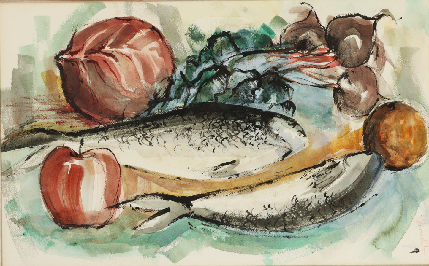 Junji Yamashita, France (b. 1940), Still Life with Fish, 1950s, watercolor on paper, 13"H x 21"W (sight)