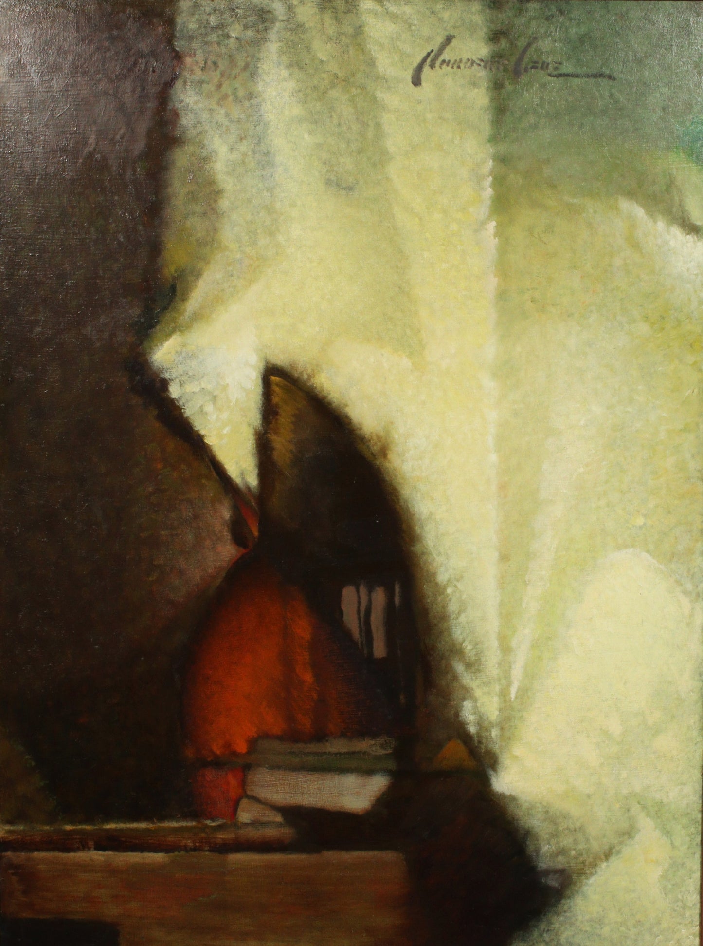 Norbert Lenz, Ohio (1900 - 1992), abstract still life, oil on masonite, 48"H x 36"W (sight), 56"H x 44"W (frame)