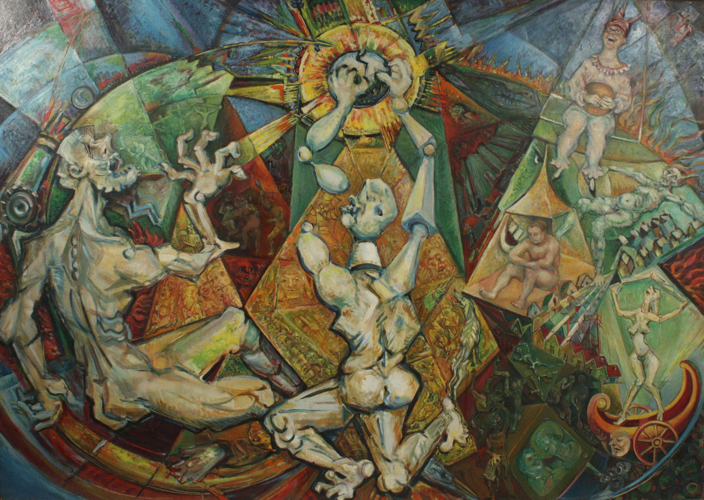 Robert Lohman, Indiana (1919 - 2001), abstract allegorical scene, oil on masonite, 55 3/4"H x 75 1/2"H (frame)
