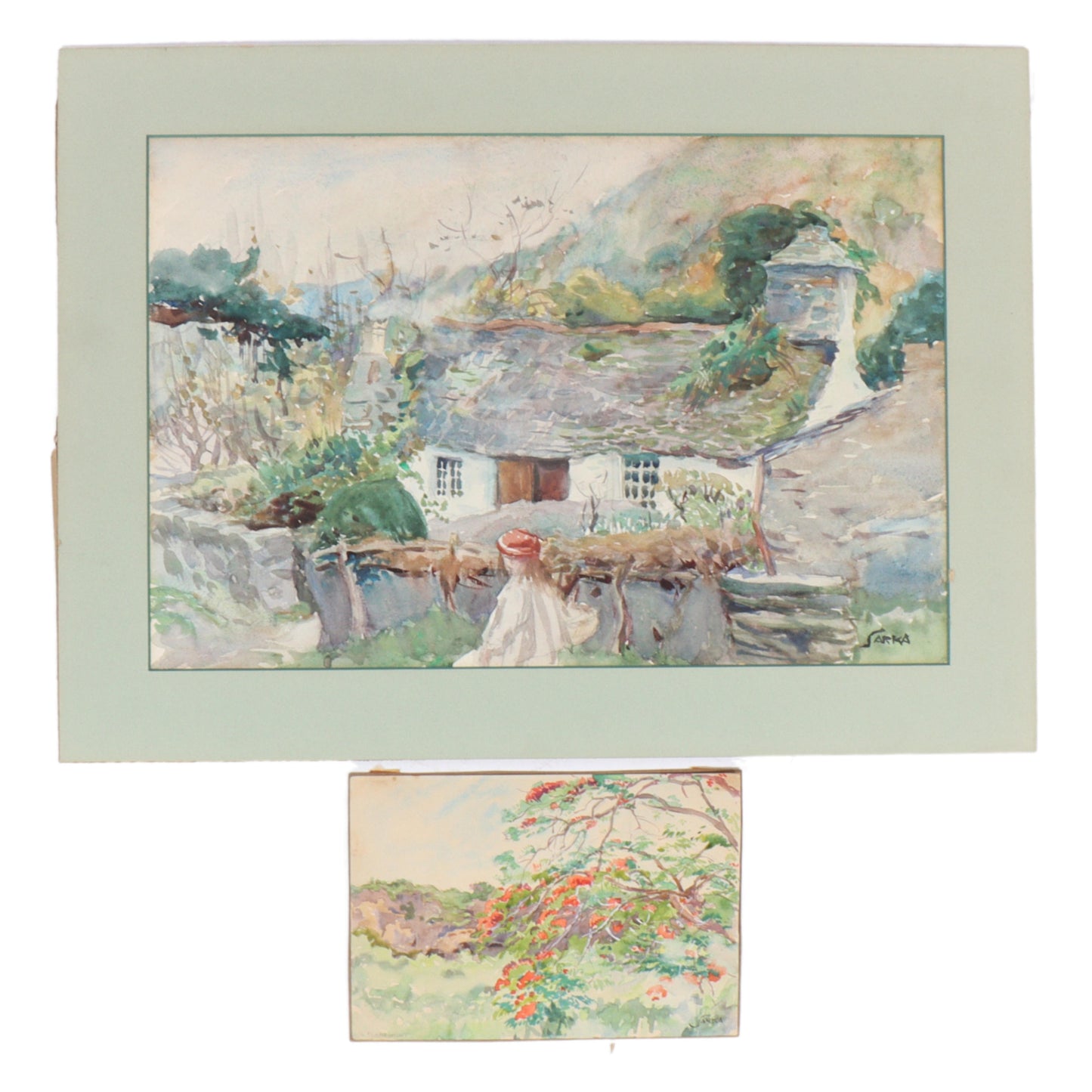 Charles Sarka, New York, Illinois (1879 - 1960), Orientalist scene and Flamboyant tree, two watercolor paintings on paper, 12"H x 18"W(sight), 16"H x 22"W