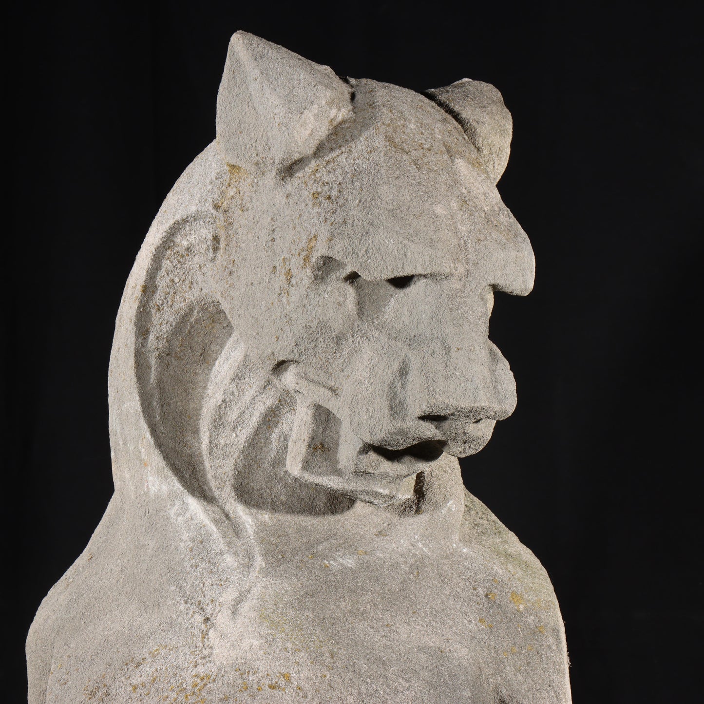 Heraldic Lion Guardian; full body gargoyle/grotesque beast with shield: 1920s Harlem, New York, Gothic Style Architectural Limestone Facade Carving. 45 1/2"H x 18"W