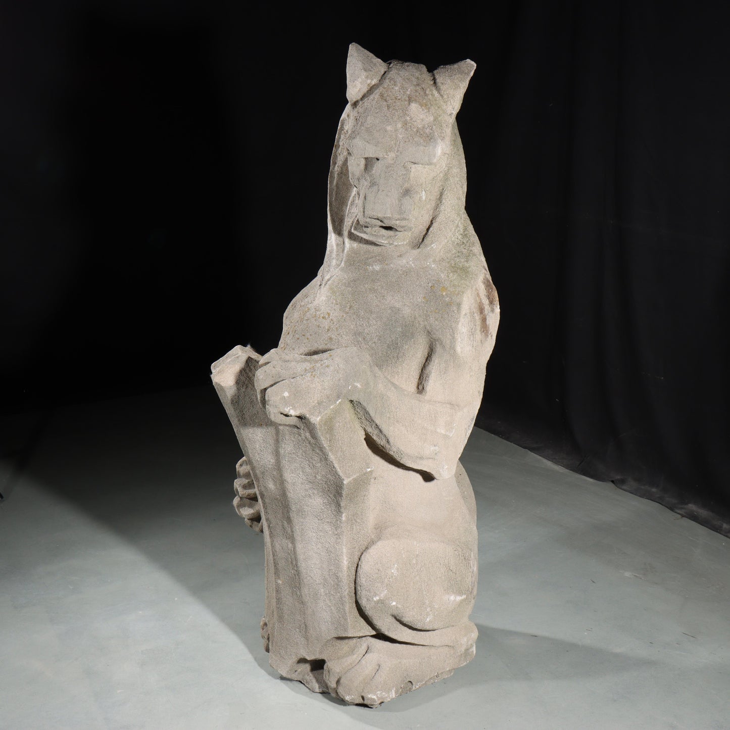Heraldic Lion Guardian; full body gargoyle/grotesque beast with shield: 1920s Harlem, New York, Gothic Style Architectural Limestone Facade Carving. 45 1/2"H x 18"W