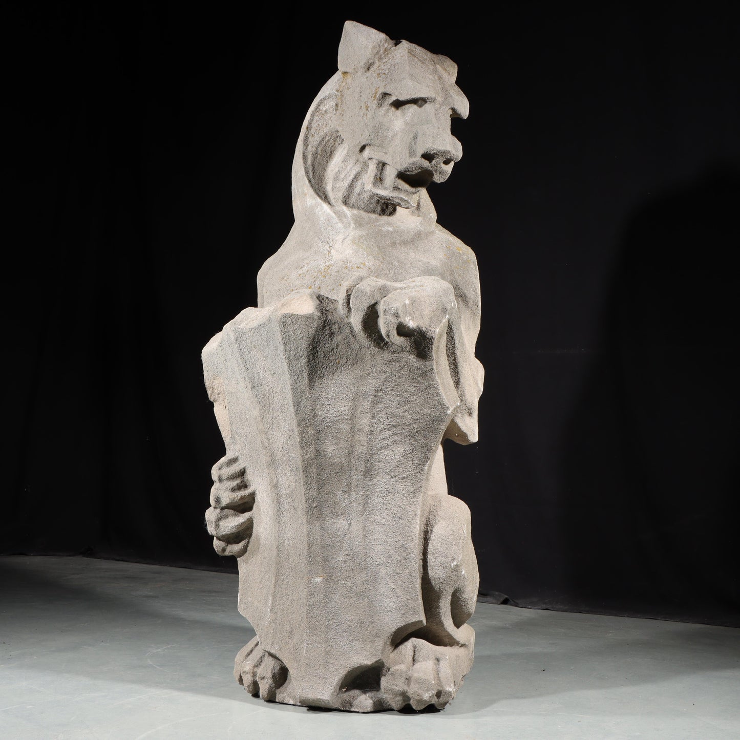 Heraldic Lion Guardian; full body gargoyle/grotesque beast with shield: 1920s Harlem, New York, Gothic Style Architectural Limestone Facade Carving. 45 1/2"H x 18"W