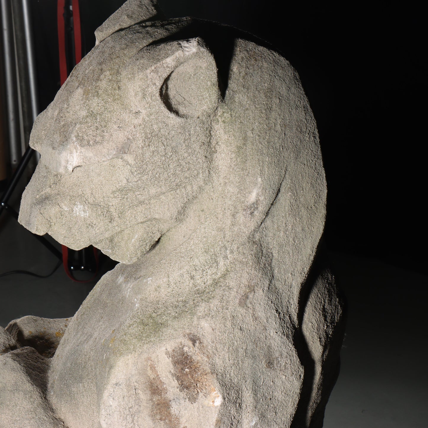 Heraldic Lion Guardian; full body gargoyle/grotesque beast with shield: 1920s Harlem, New York, Gothic Style Architectural Limestone Facade Carving. 45 1/2"H x 18"W