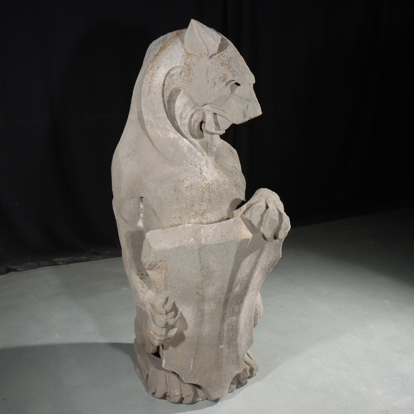 Heraldic Lion Guardian; full body gargoyle/grotesque beast with shield: 1920s Harlem, New York, Gothic Style Architectural Limestone Facade Carving. 45 1/2"H x 18"W