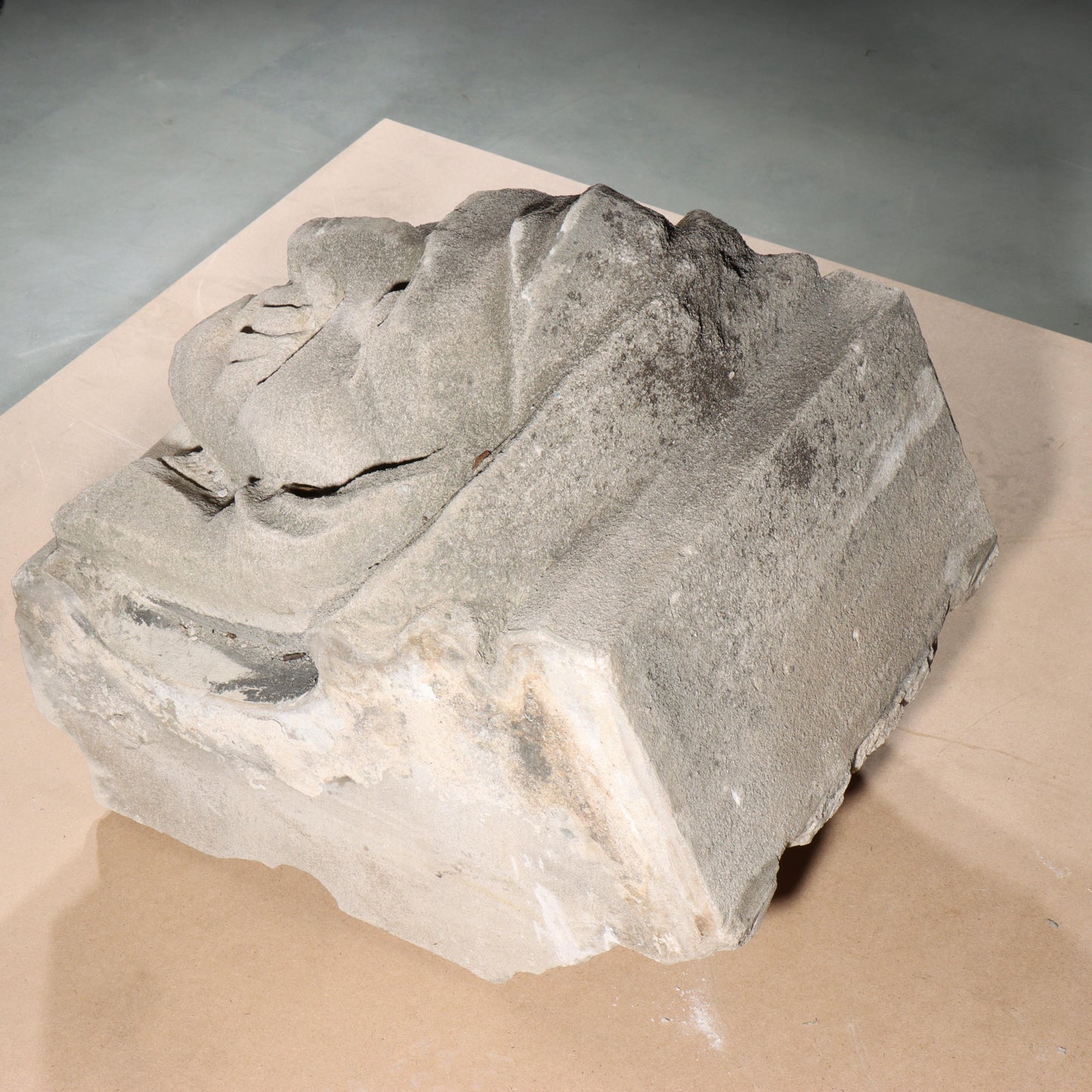 Human face gargoyle/grotesque man with mustache; 1920s Harlem, New York, Gothic Style Architectural Limestone Facade Carving 18 1/2"H x 15"W