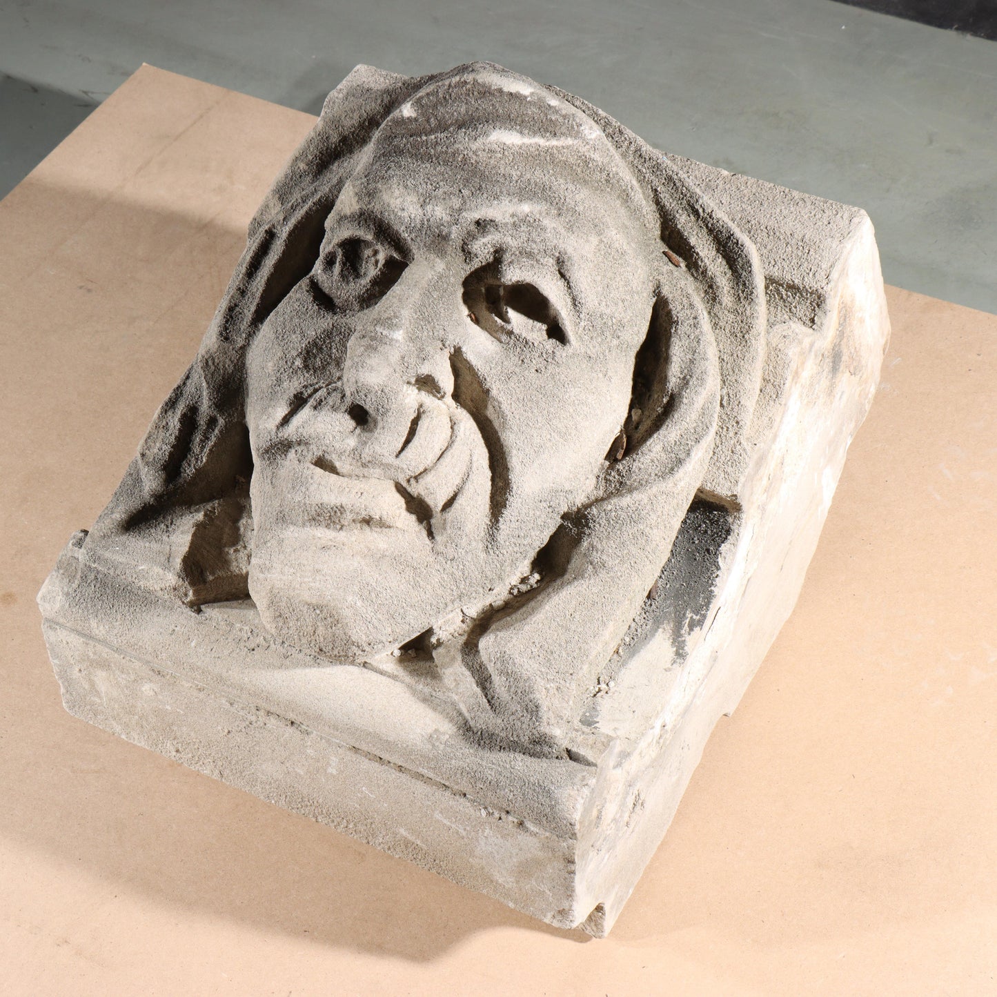 Human face gargoyle/grotesque man with mustache; 1920s Harlem, New York, Gothic Style Architectural Limestone Facade Carving 18 1/2"H x 15"W