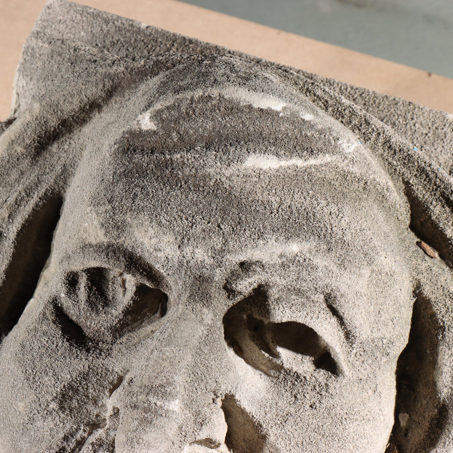 Human face gargoyle/grotesque man with mustache; 1920s Harlem, New York, Gothic Style Architectural Limestone Facade Carving 18 1/2"H x 15"W