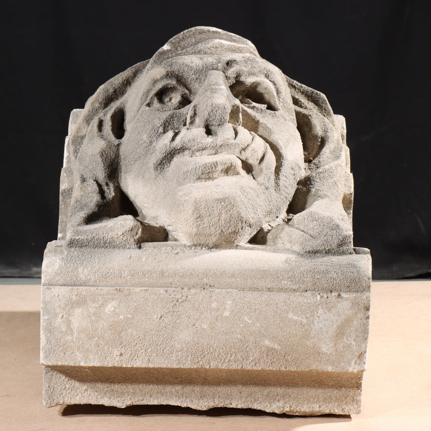 Human face gargoyle/grotesque man with mustache; 1920s Harlem, New York, Gothic Style Architectural Limestone Facade Carving 18 1/2"H x 15"W