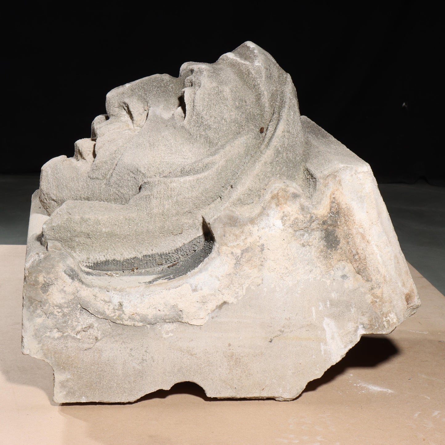 Human face gargoyle/grotesque man with mustache; 1920s Harlem, New York, Gothic Style Architectural Limestone Facade Carving 18 1/2"H x 15"W