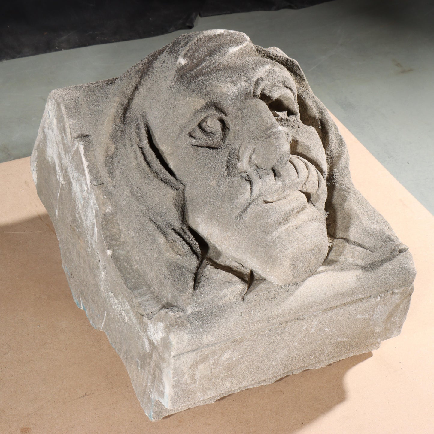 Human face gargoyle/grotesque man with mustache; 1920s Harlem, New York, Gothic Style Architectural Limestone Facade Carving 18 1/2"H x 15"W
