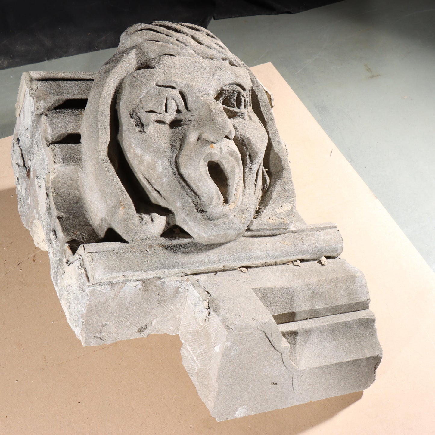 Human face gargoyle/grotesque screaming woman/man; 1920s Harlem, New York, Gothic Style Architectural Limestone Facade Carving 23"H x 18"W