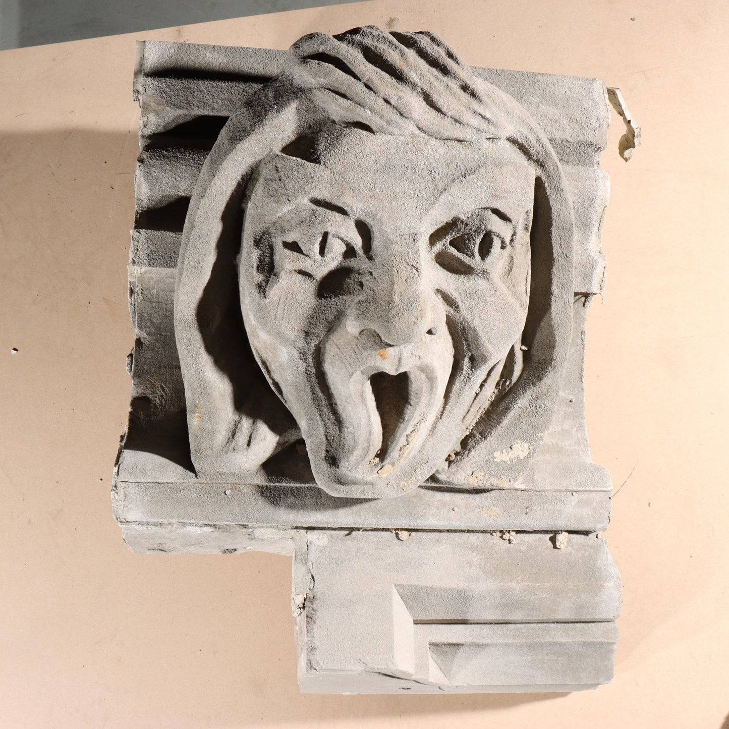 Human face gargoyle/grotesque screaming woman/man; 1920s Harlem, New York, Gothic Style Architectural Limestone Facade Carving 23"H x 18"W