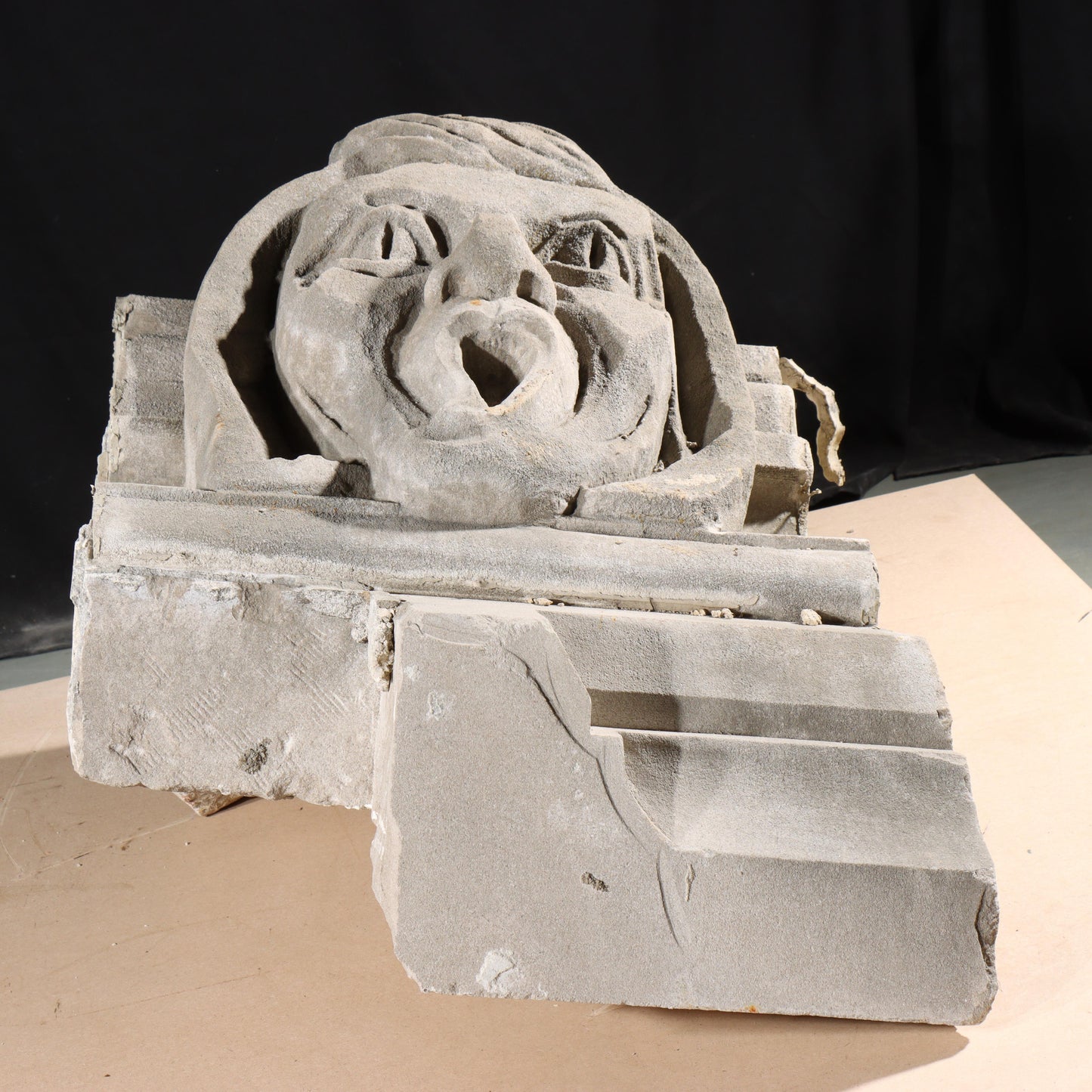 Human face gargoyle/grotesque screaming woman/man; 1920s Harlem, New York, Gothic Style Architectural Limestone Facade Carving 23"H x 18"W