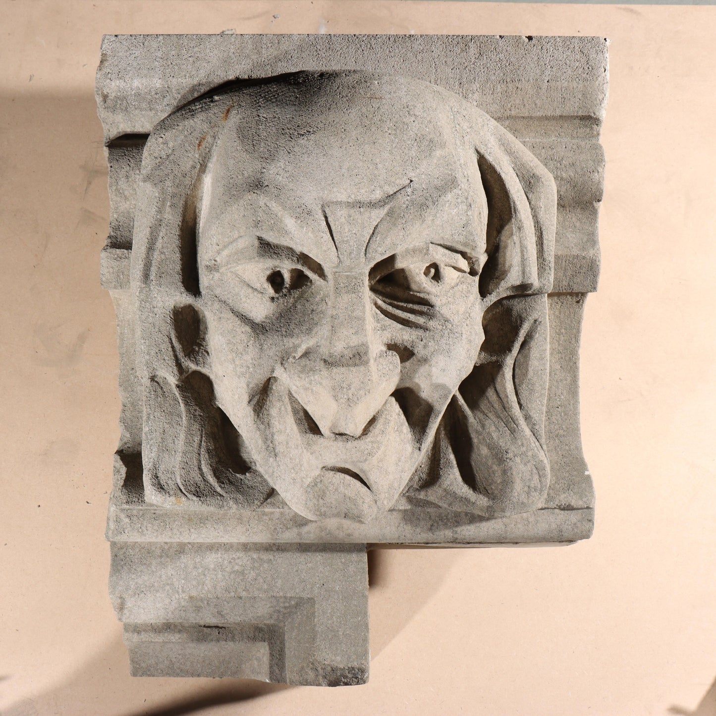 Human face gargoyle/grotesque grinning old man; 1920s Harlem, New York, Gothic Style Architectural Limestone Facade Carving 19 1/2"H x 17 1/2"W