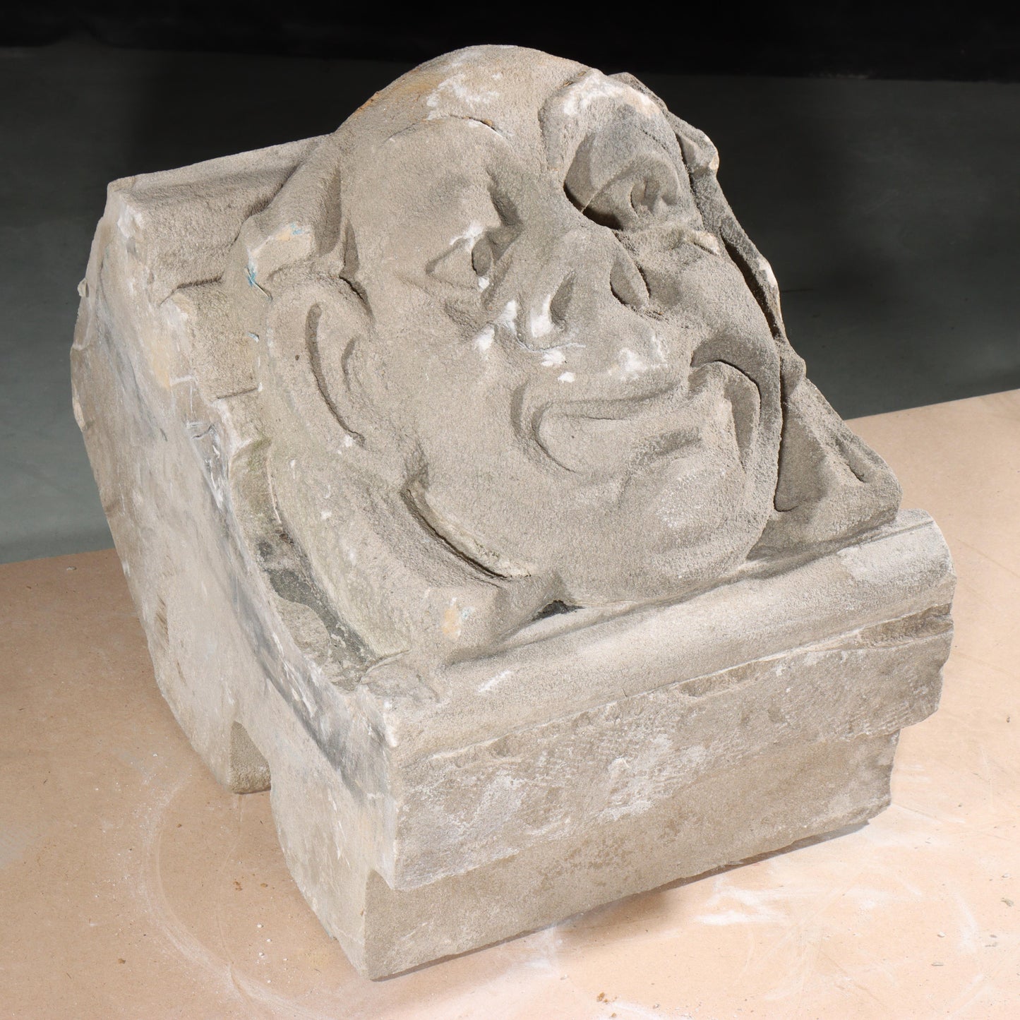 Human face gargoyle/grotesque grinning man; 1920s Harlem, New York, Gothic Style Architectural Limestone Facade Carving 18"H x 15"W x 15"D