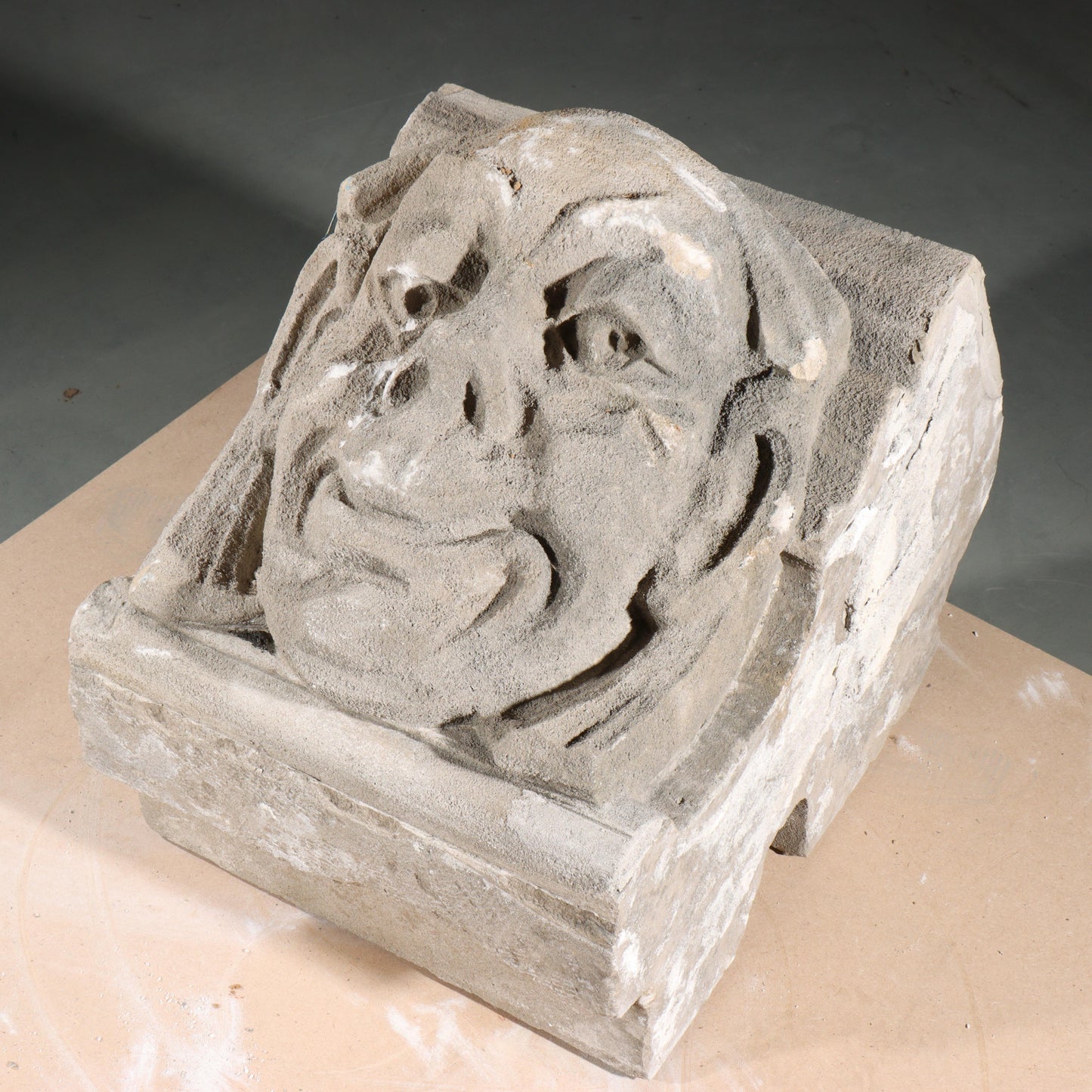 Human face gargoyle/grotesque grinning man; 1920s Harlem, New York, Gothic Style Architectural Limestone Facade Carving 18"H x 15"W x 15"D