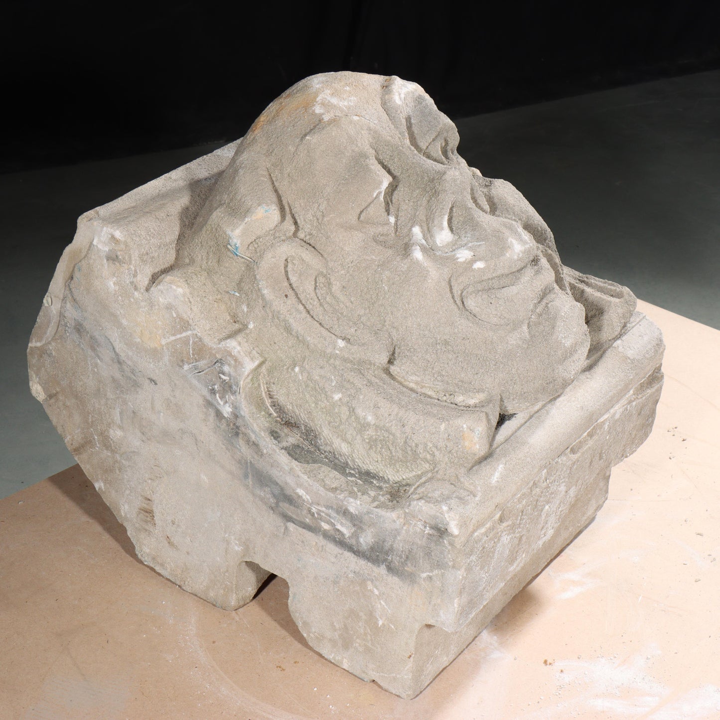 Human face gargoyle/grotesque grinning man; 1920s Harlem, New York, Gothic Style Architectural Limestone Facade Carving 18"H x 15"W x 15"D