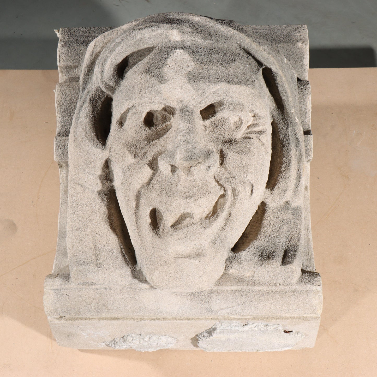 Human face gargoyle/grotesque snarling man; 1920s Harlem, New York, Gothic Style Architectural Limestone Facade Carving 19 1/2"H x 15"W