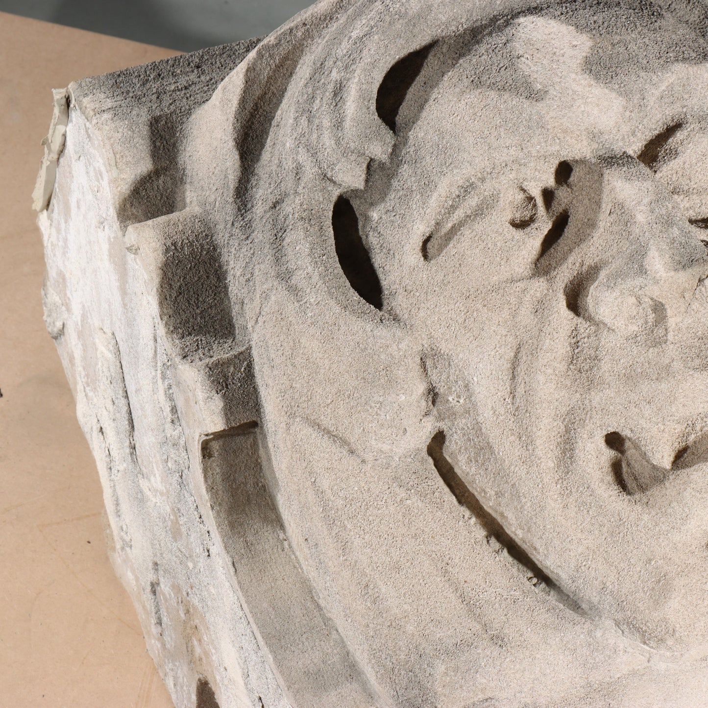 Human face gargoyle/grotesque snarling man; 1920s Harlem, New York, Gothic Style Architectural Limestone Facade Carving 19 1/2"H x 15"W