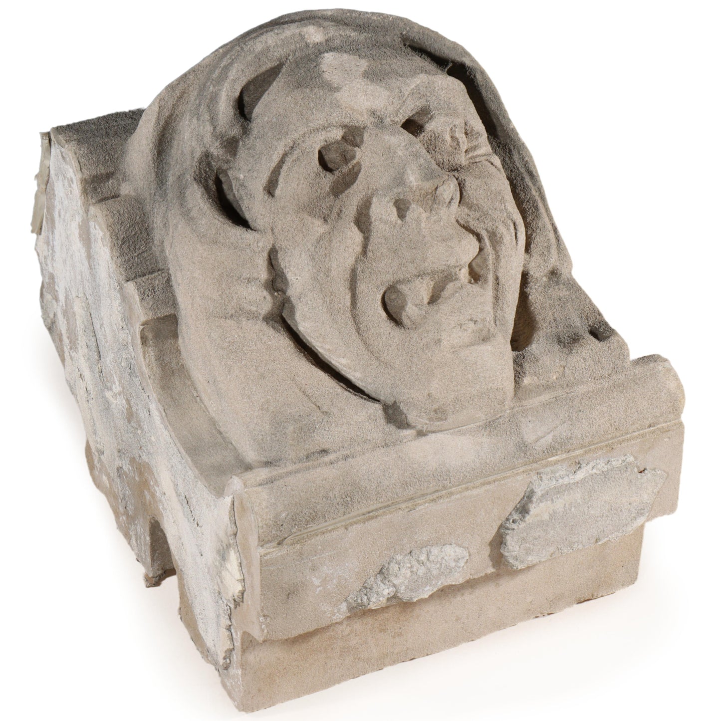 Human face gargoyle/grotesque snarling man; 1920s Harlem, New York, Gothic Style Architectural Limestone Facade Carving 19 1/2"H x 15"W