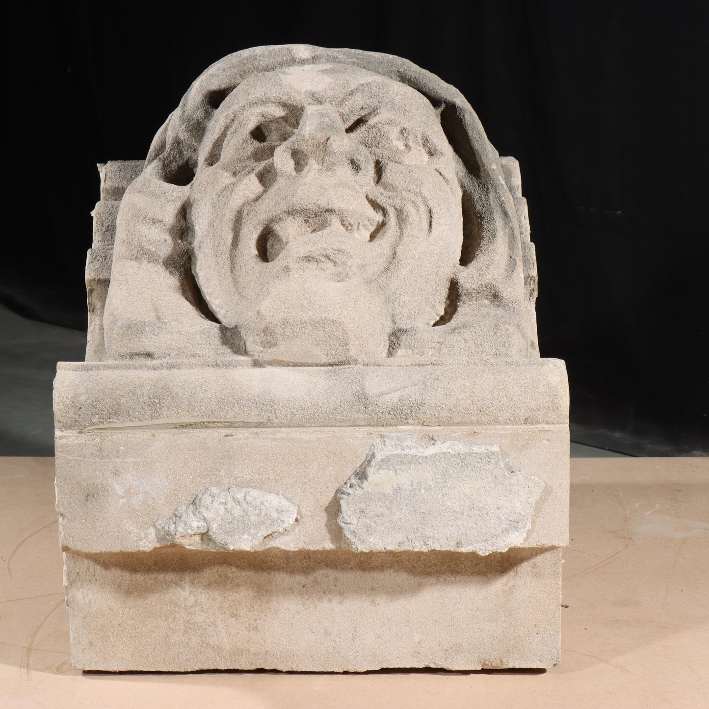 Human face gargoyle/grotesque snarling man; 1920s Harlem, New York, Gothic Style Architectural Limestone Facade Carving 19 1/2"H x 15"W