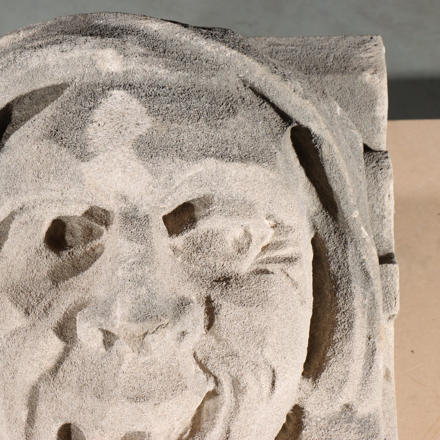 Human face gargoyle/grotesque snarling man; 1920s Harlem, New York, Gothic Style Architectural Limestone Facade Carving 19 1/2"H x 15"W