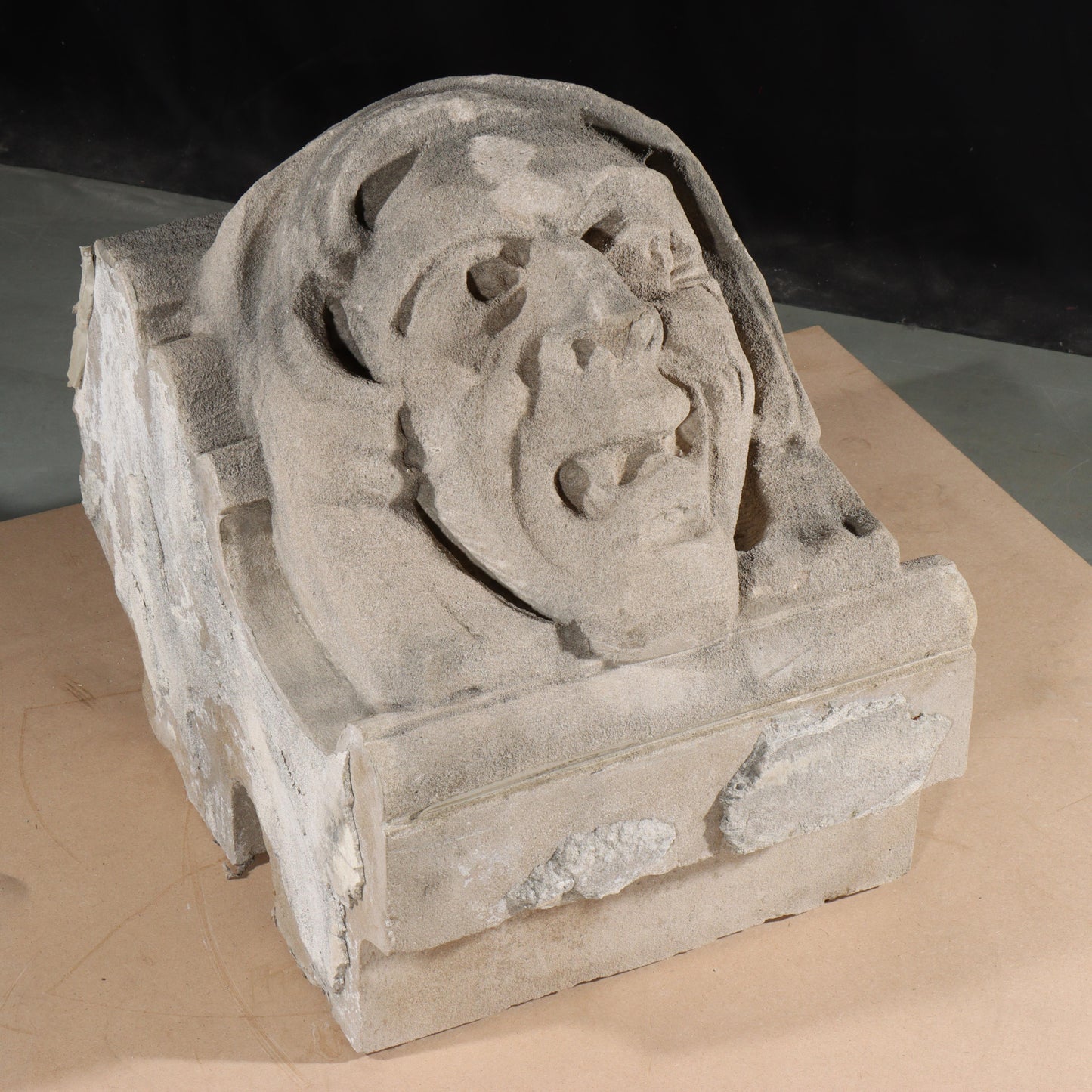Human face gargoyle/grotesque snarling man; 1920s Harlem, New York, Gothic Style Architectural Limestone Facade Carving 19 1/2"H x 15"W
