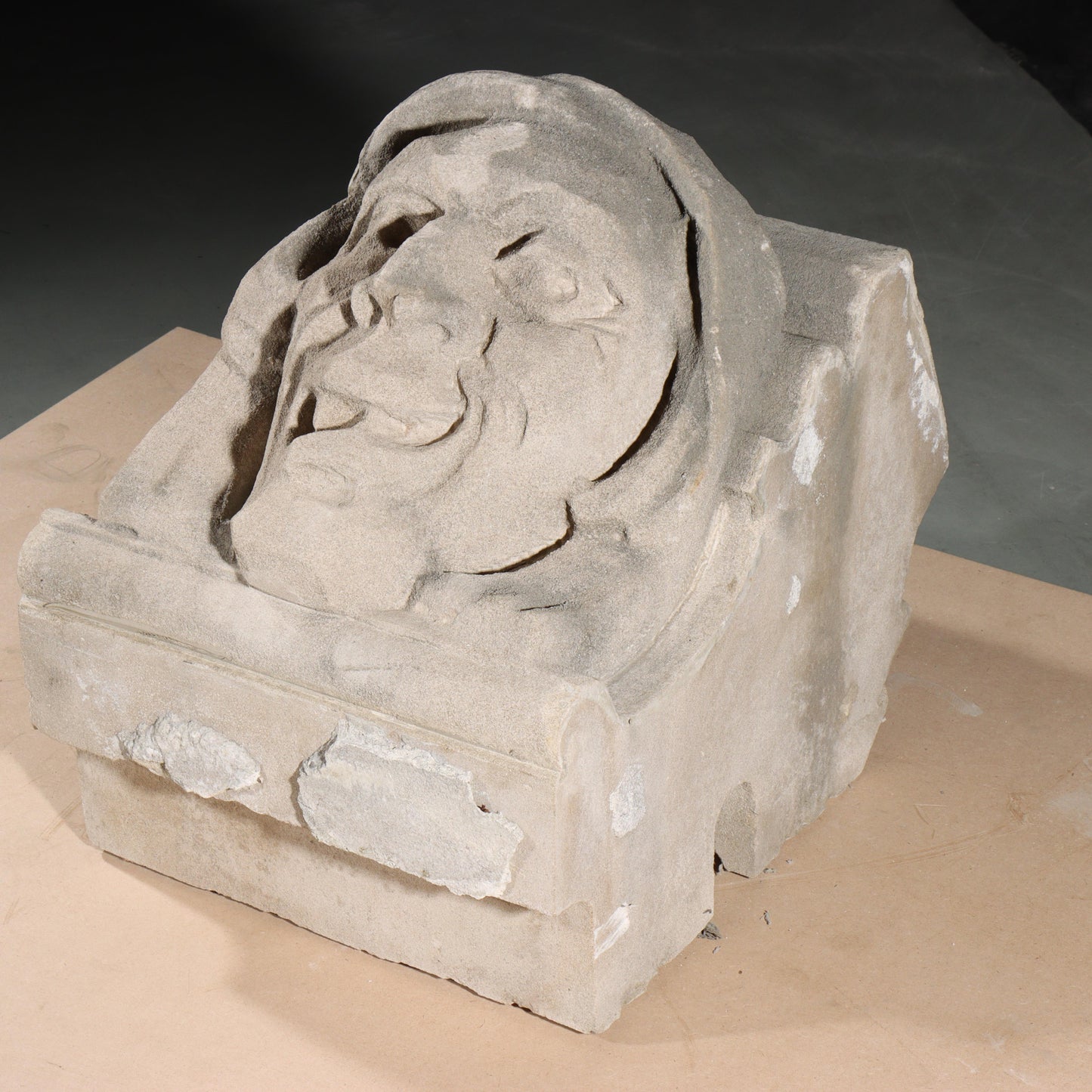 Human face gargoyle/grotesque snarling man; 1920s Harlem, New York, Gothic Style Architectural Limestone Facade Carving 19 1/2"H x 15"W
