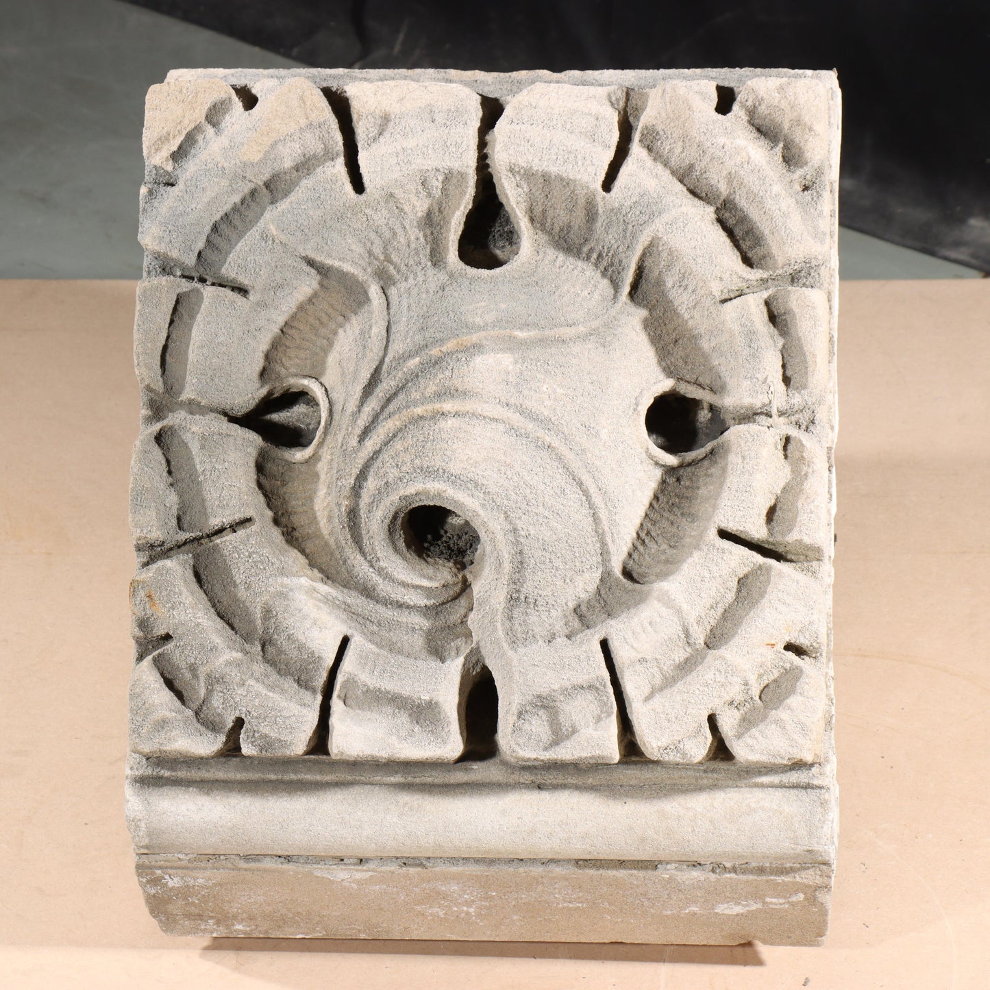 Scrolled leaf rosette foliate border block roundel end piece; 1920s Harlem, New York, Gothic Style Architectural Limestone Facade Carving 17 1/2"H x 15"W