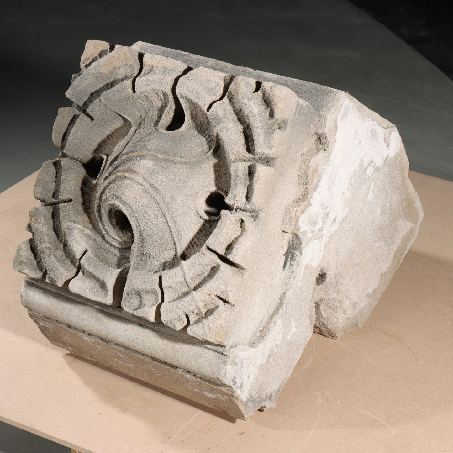 Scrolled leaf rosette foliate border block roundel end piece; 1920s Harlem, New York, Gothic Style Architectural Limestone Facade Carving 17 1/2"H x 15"W
