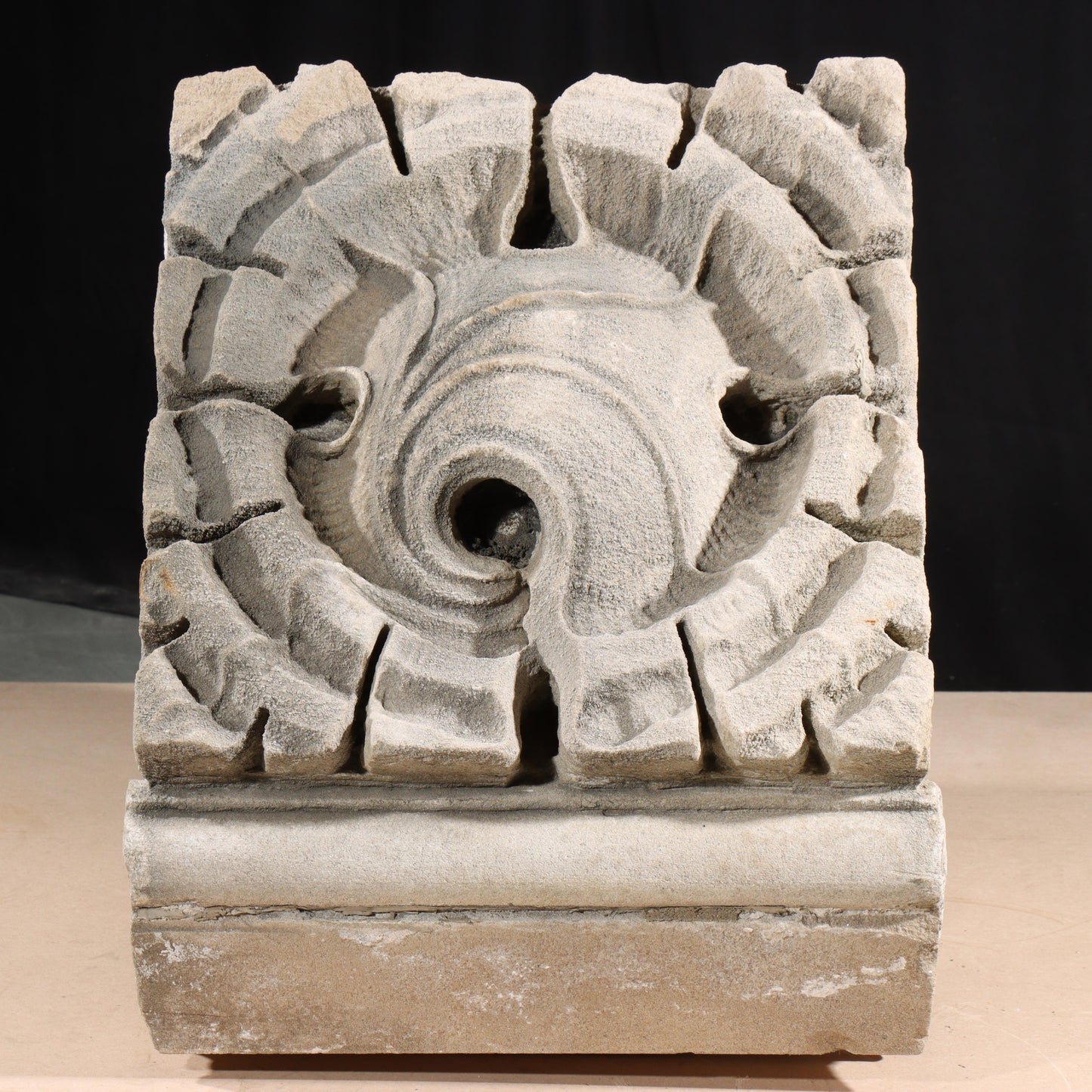 Scrolled leaf rosette foliate border block roundel end piece; 1920s Harlem, New York, Gothic Style Architectural Limestone Facade Carving 17 1/2"H x 15"W
