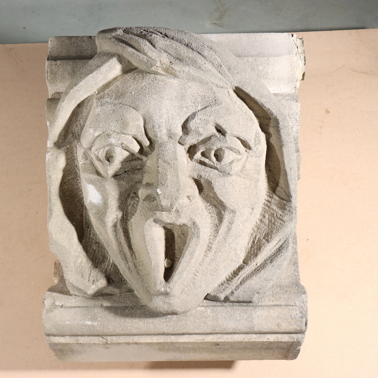 Human face gargoyle/grotesque screaming man; 1920s Harlem, New York, Gothic Style Architectural Limestone Facade Carving 20"H x 15"W