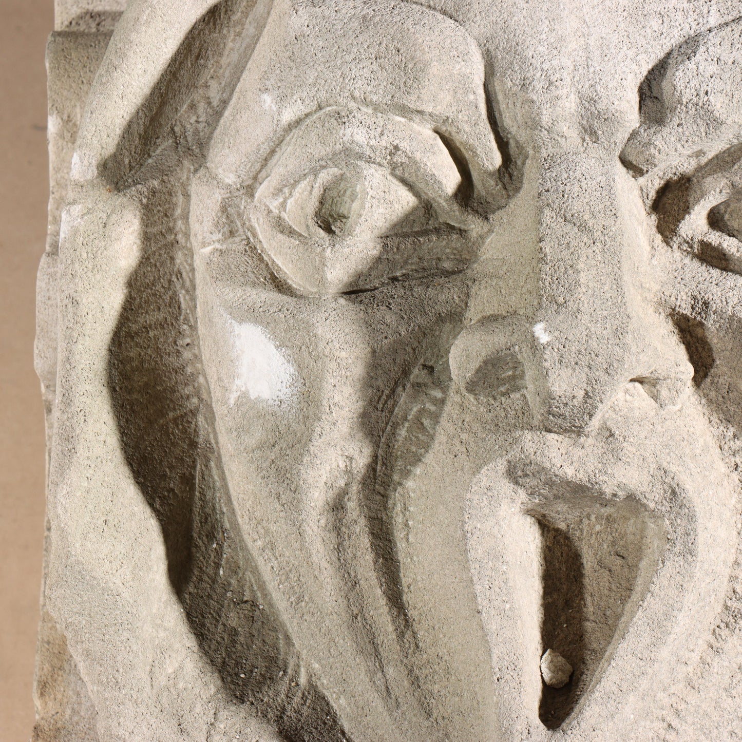 Human face gargoyle/grotesque screaming man; 1920s Harlem, New York, Gothic Style Architectural Limestone Facade Carving 20"H x 15"W