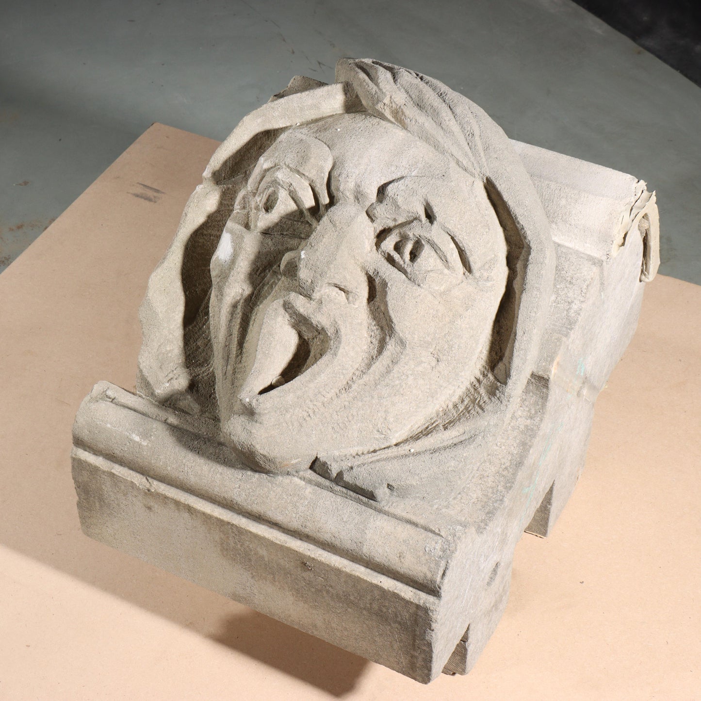 Human face gargoyle/grotesque screaming man; 1920s Harlem, New York, Gothic Style Architectural Limestone Facade Carving 20"H x 15"W