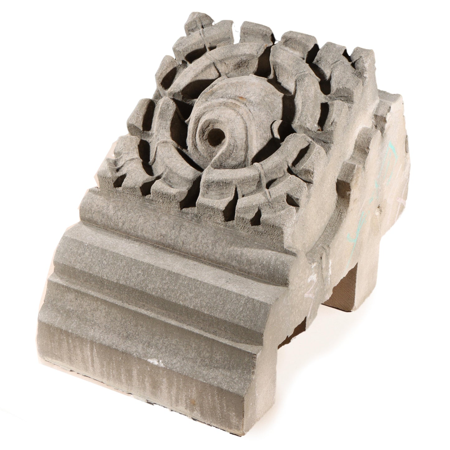 Scrolled leaf rosette foliate border block roundel end piece; 1920s Harlem, New York, Gothic Style Architectural Limestone Facade Carving 19"H x 15 1/2"W
