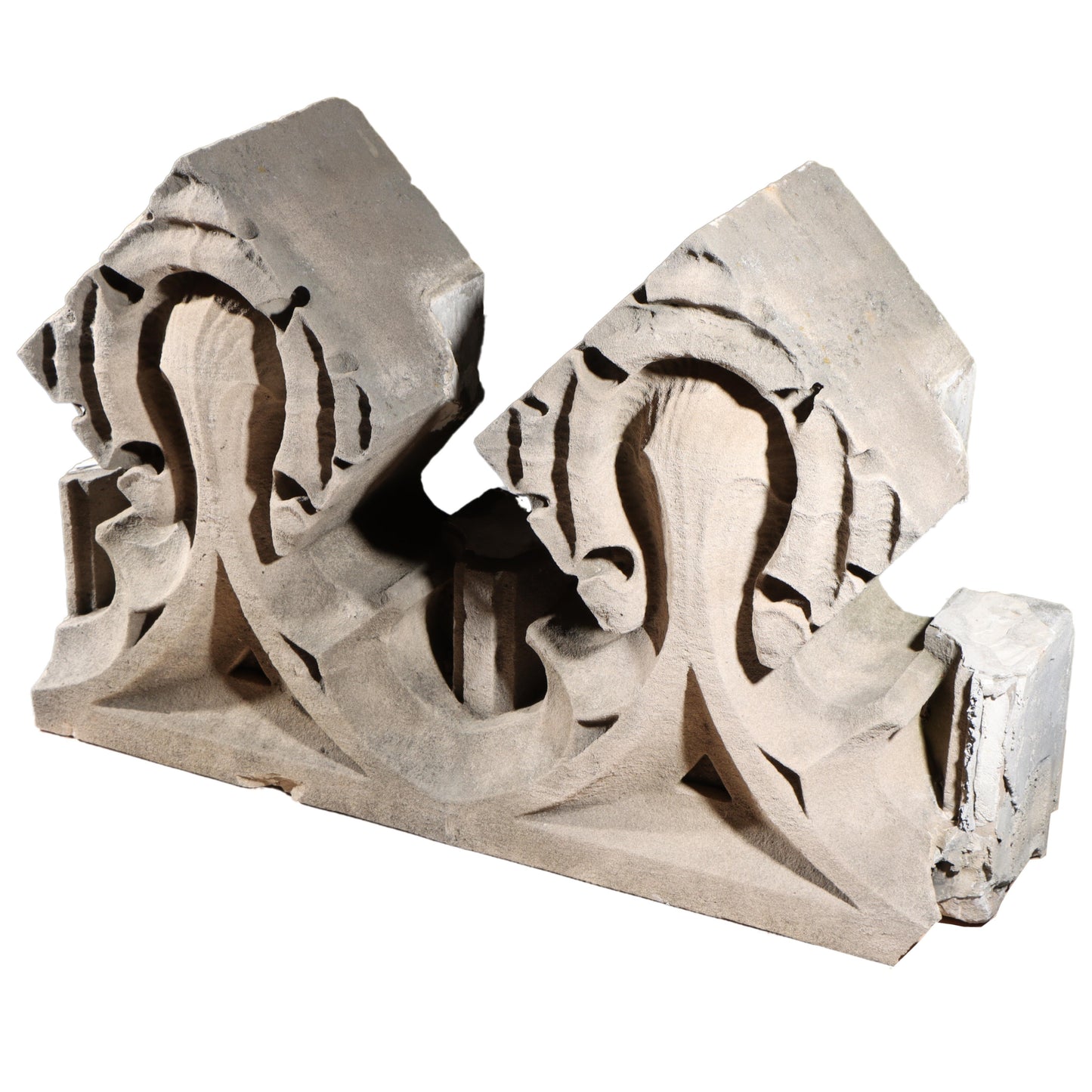 Gothic teardrop arch cornice fragment with scrolling foliate accents; 1920s Harlem, New York, Gothic Style Architectural Limestone Facade Carving 27 1/2"H x 42"W