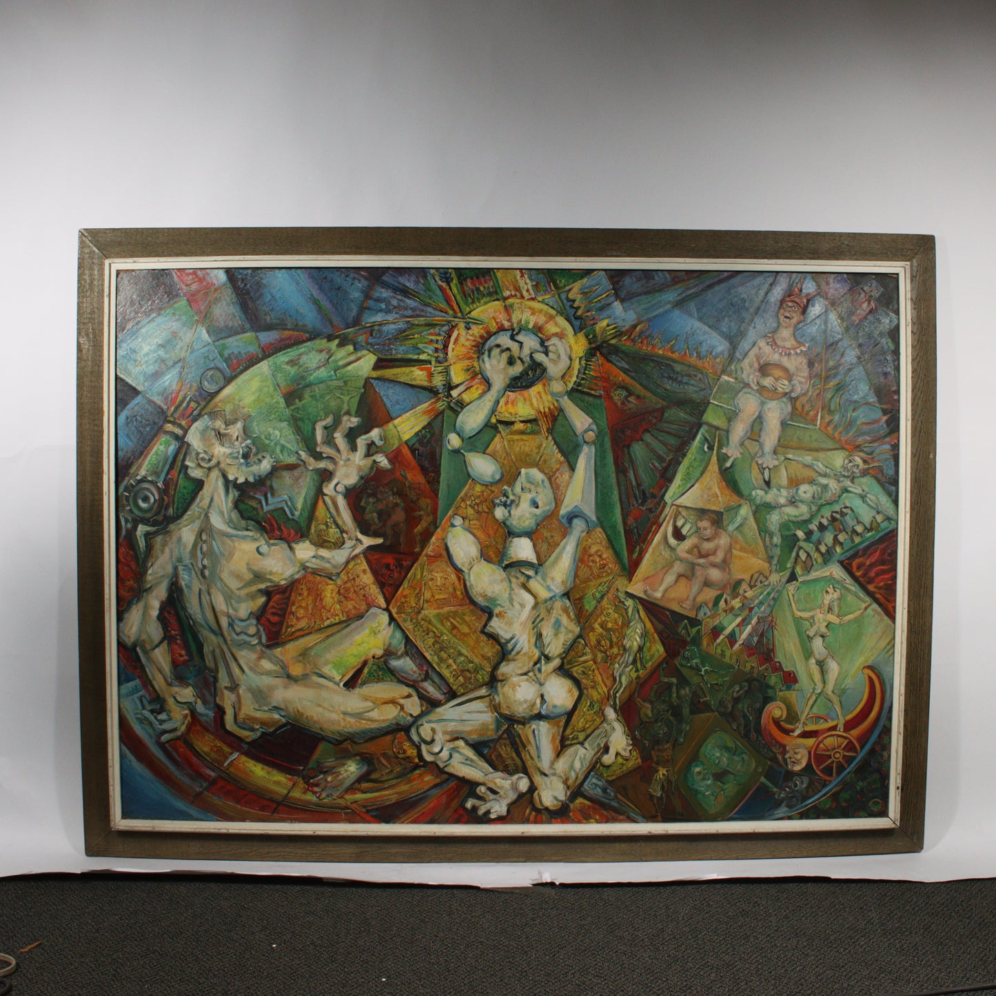 Robert Lohman, Indiana (1919 - 2001), abstract allegorical scene, oil on masonite, 55 3/4"H x 75 1/2"H (frame)