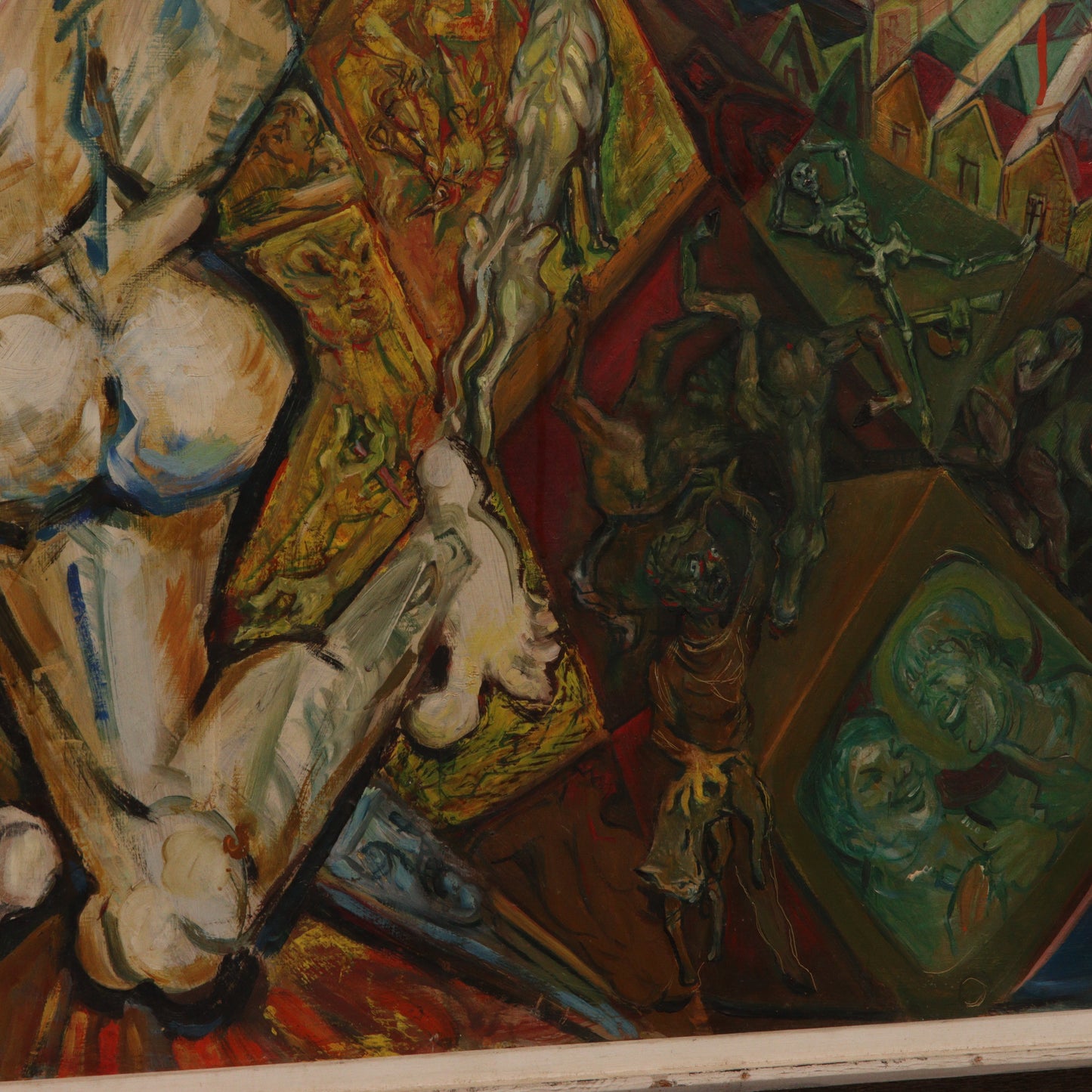 Robert Lohman, Indiana (1919 - 2001), abstract allegorical scene, oil on masonite, 55 3/4"H x 75 1/2"H (frame)