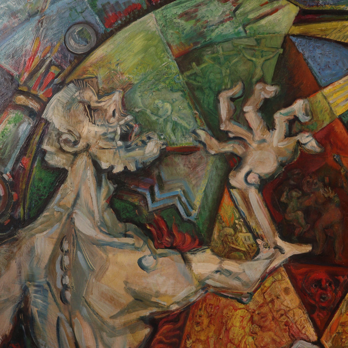 Robert Lohman, Indiana (1919 - 2001), abstract allegorical scene, oil on masonite, 55 3/4"H x 75 1/2"H (frame)