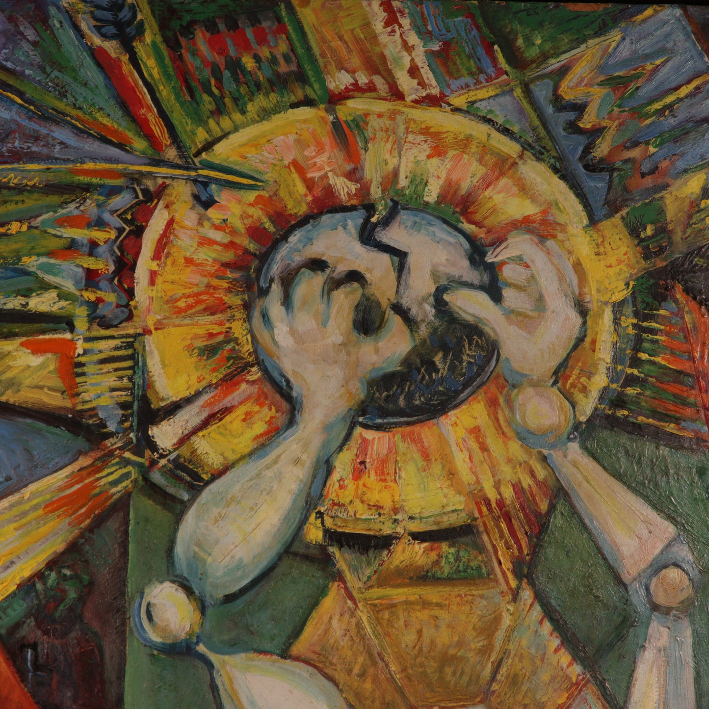 Robert Lohman, Indiana (1919 - 2001), abstract allegorical scene, oil on masonite, 55 3/4"H x 75 1/2"H (frame)
