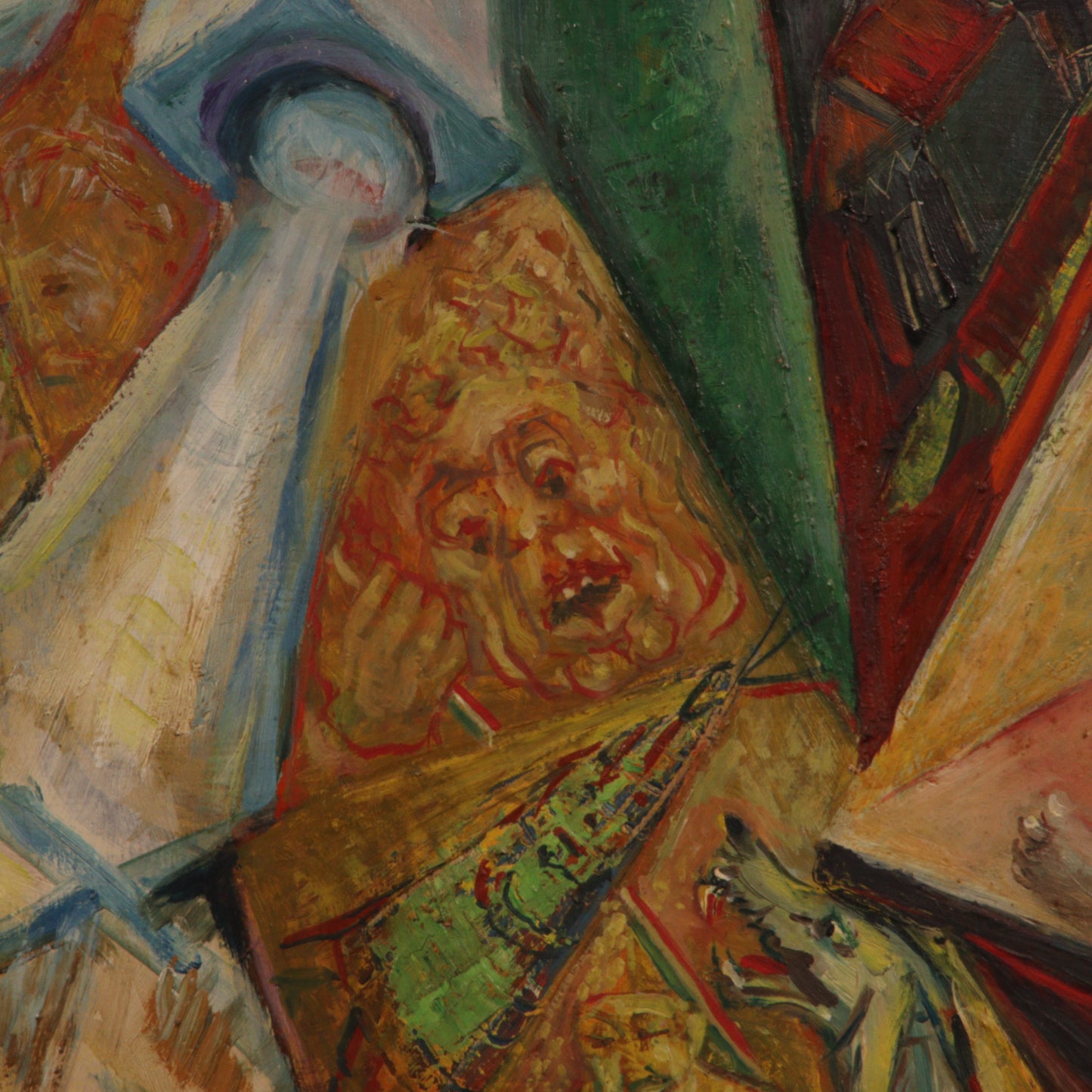 Robert Lohman, Indiana (1919 - 2001), abstract allegorical scene, oil on masonite, 55 3/4"H x 75 1/2"H (frame)